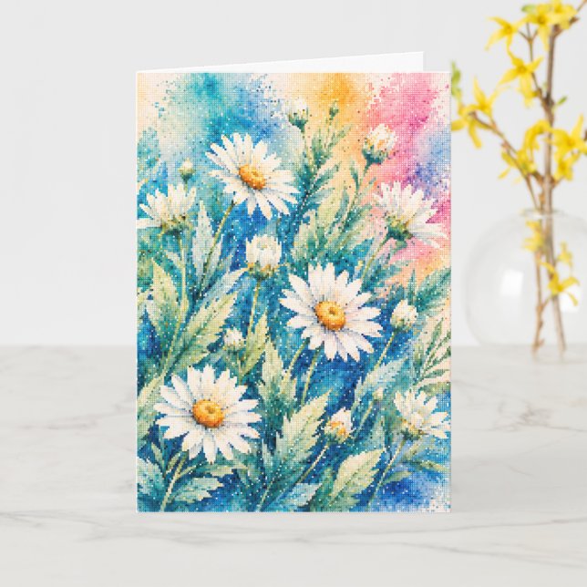 White Daisy Geometric Style Cross-Stitch-Inspired Card (Yellow Flower)