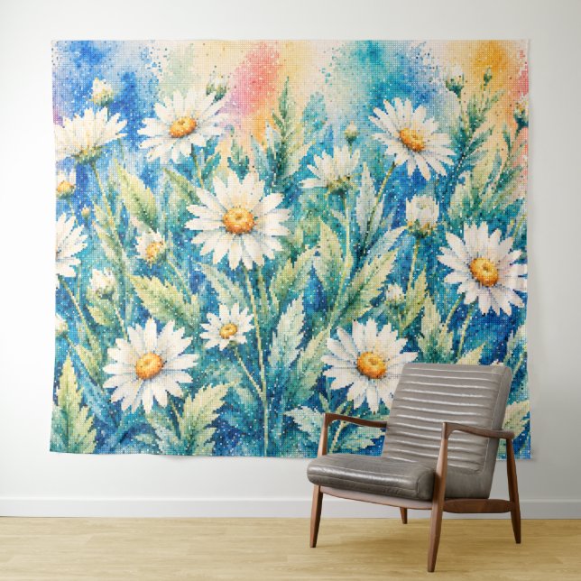White Daisy Geometric Style Cross-Stitch-Inspired Tapestry (In Situ (Horizontal))