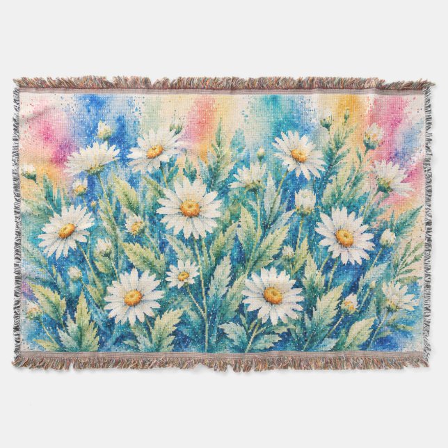 White Daisy Geometric Style Cross-Stitch-Inspired Throw Blanket (Front)