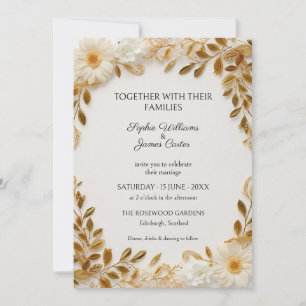 White Daisy Gold Leaf Wedding Invitation