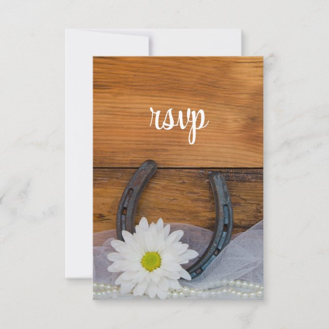 White Daisy Horseshoe Country Wedding RSVP Card (Front)