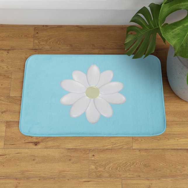 White Daisy Modern Aqua Blue Bath Mat (A pretty daisy bath mat in aqua blue. Available in 3 sizes - small, medium and large.)