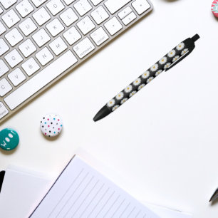 White Daisy on Black Floral Pattern Ink Pen
