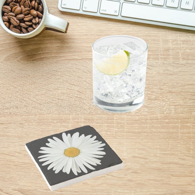 White Daisy on Black Floral Stone Coaster (In Situ)