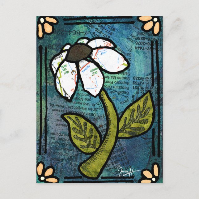 White Daisy on Blue Background - Collage Postcard (Front)