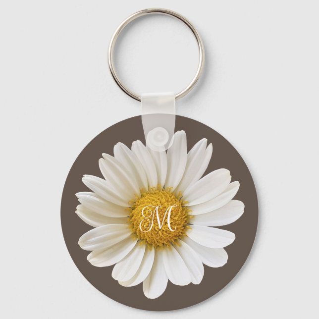 White Daisy on Brown Personalised Keychain (Front)