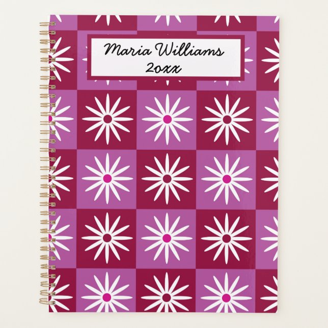 White daisy on Red and Pink Chequerboard Name  Planner (Front)