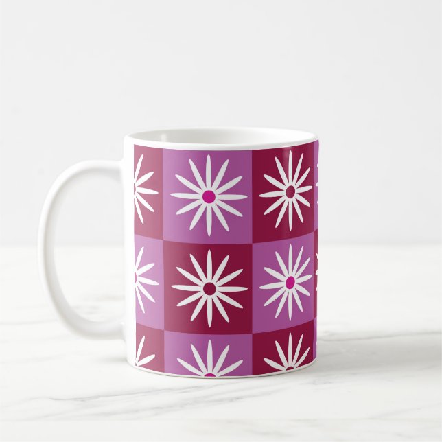 White daisy on Red and Pink Pattern Chequerboard Coffee Mug (Left)