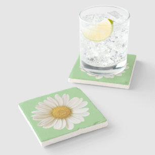 White Daisy on Sage Green Background Floral Stone Coaster