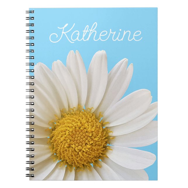 White Daisy on Sky Blue Custom Name Notebook (Front)