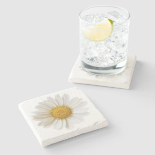 White Daisy on White Background Floral Stone Coaster
