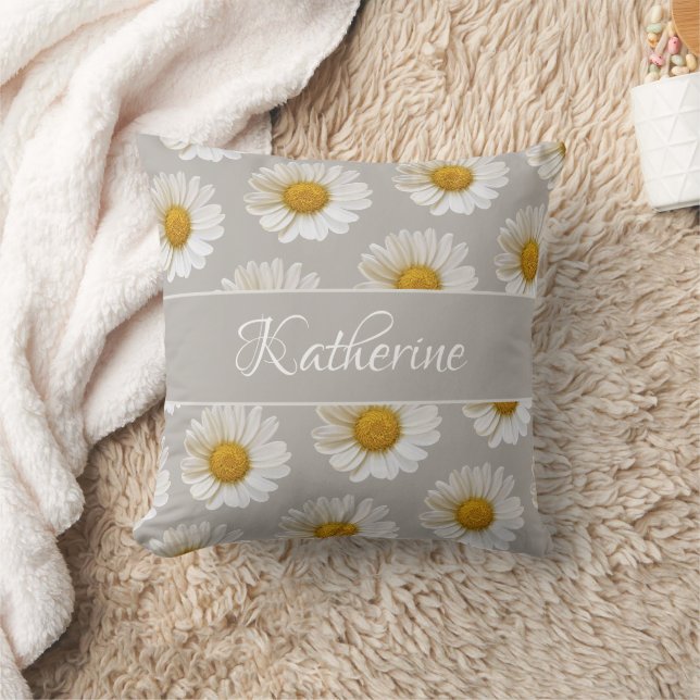 White Daisy Pattern Custom Name Grey Cushion (Blanket)