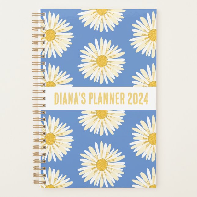 White Daisy Pattern Flowers Blooms Floral CUSTOM  Planner (Front)