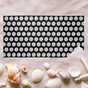 White Daisy Pattern on Black Floral Beach Towel