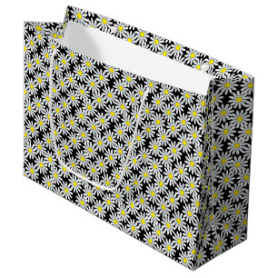 White Daisy Pattern on Black Large Gift Bag