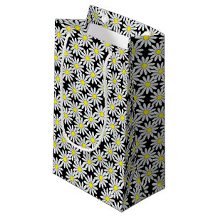 White Daisy Pattern on Black Small Gift Bag