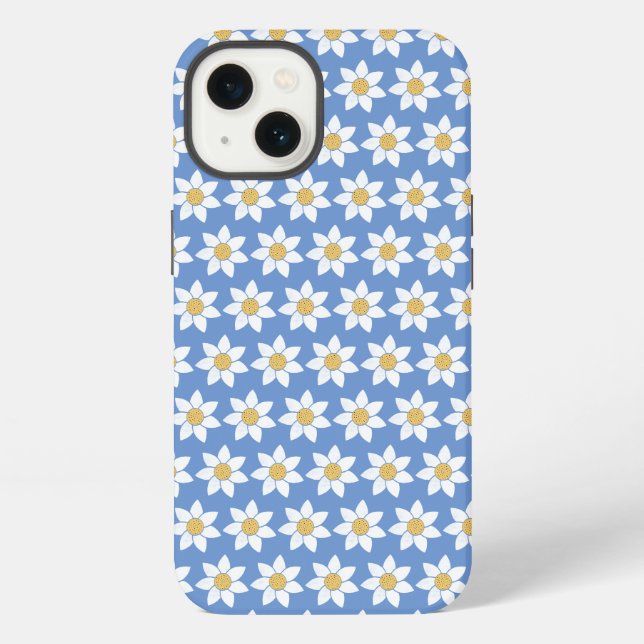 White Daisy Pattern on Blue iPhone Case (Back)