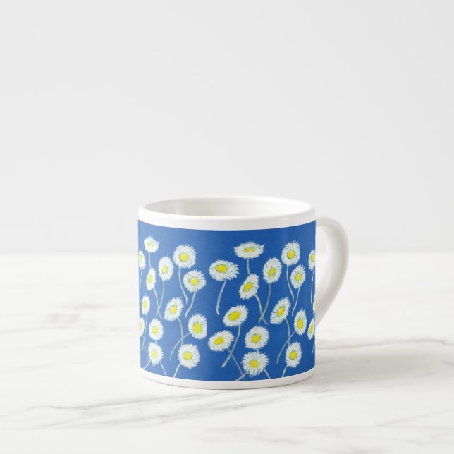 White Daisy Pattern on Bright Blue Espresso Cup (Front Right)