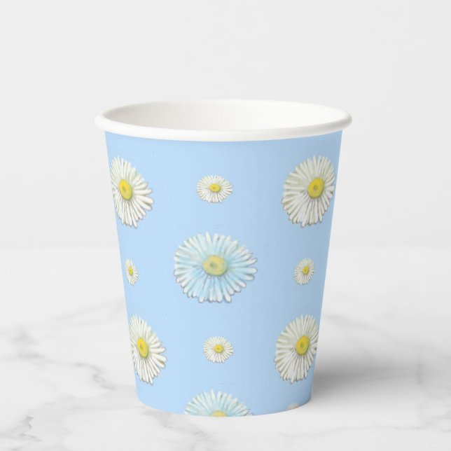 White Daisy Pattern on Light Blue Background  Paper Cups (Front)