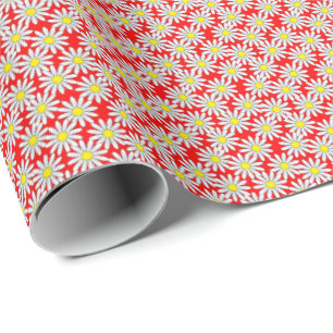 White Daisy Pattern on Red Wrapping Paper