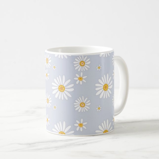 White Daisy Pattern on Soft Grey Coffee Mug (Front Right)