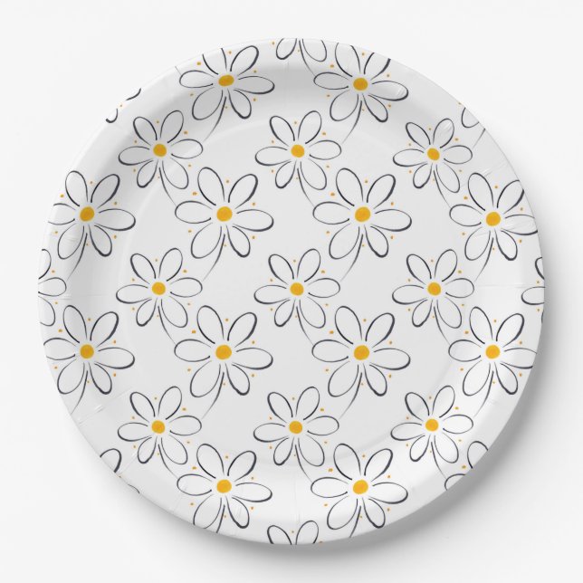 White Daisy Pattern Paper Plate (Front)