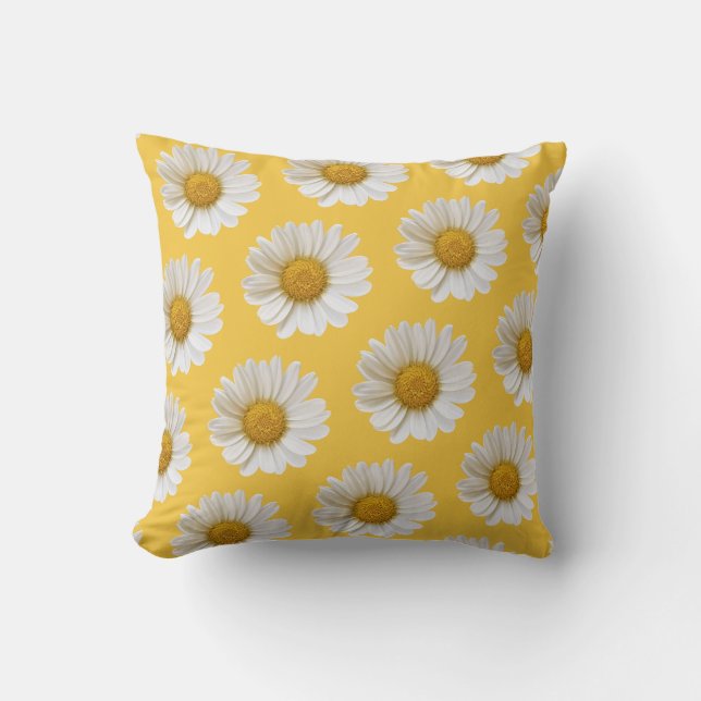 White Daisy Pattern Yellow Floral Cushion (Front)