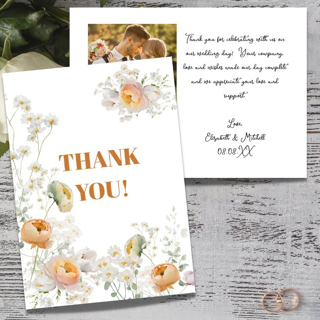 White Daisy Peach Floral Wedding Thank You Card (Creator Uploaded)