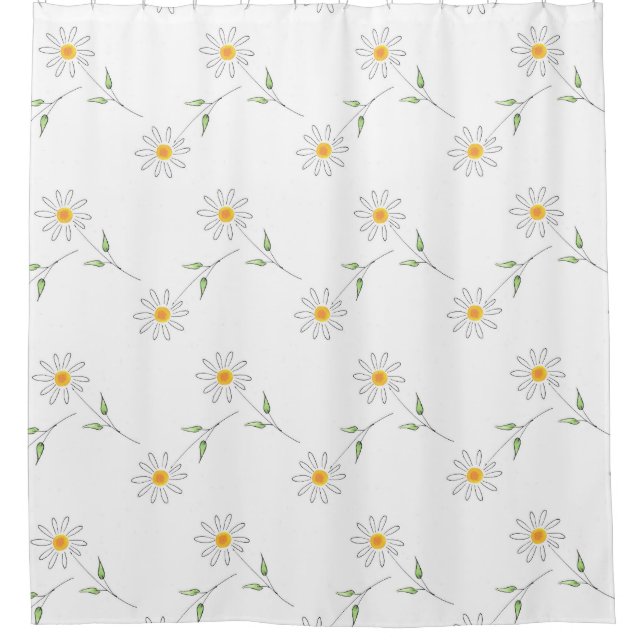 White Daisy Pen and Watercolor Pattern Shower Curtain (Front)