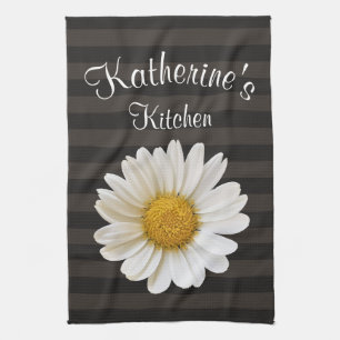 White Daisy Personalised Dark Striped Tea Towel