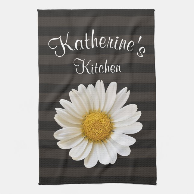 White Daisy Personalised Dark Striped Tea Towel (Vertical)