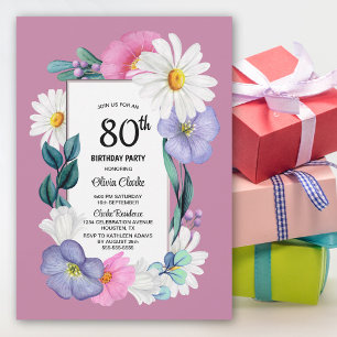White Daisy Pink 80th Birthday Party Invitation