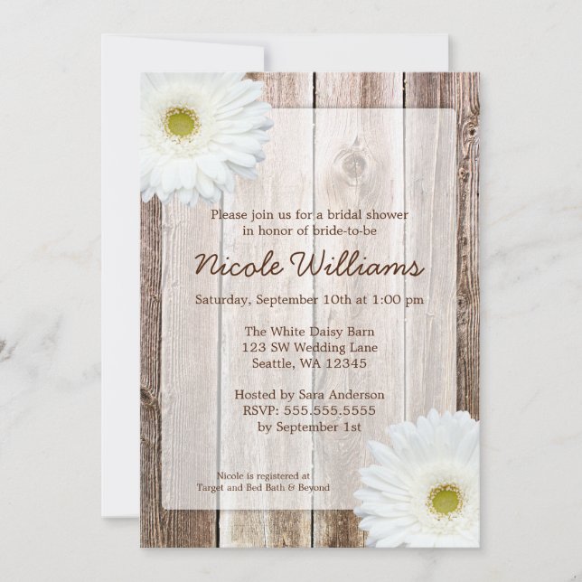 White Daisy Rustic Barn Wood Bridal Shower Invitation (Front)