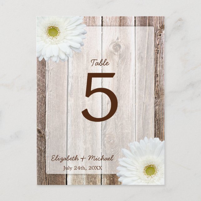 White Daisy Rustic Barn Wood Wedding Table Number Postcard (Front)