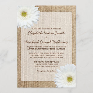 White Daisy Rustic Burlap Wedding Invitations