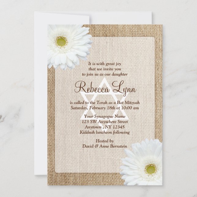 White Daisy Rustic Burlap Western Bat Mitzvah Invitation (Front)