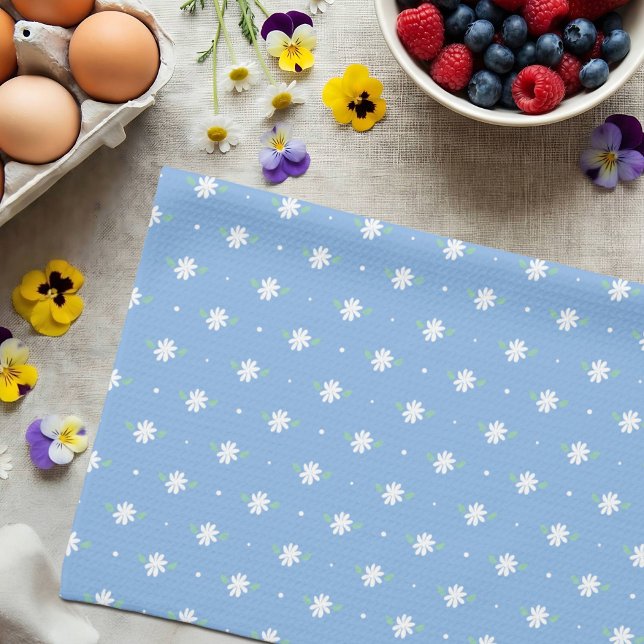 White Daisy Simple Floral Spring Pattern Blue Tea Towel (Creator Uploaded)