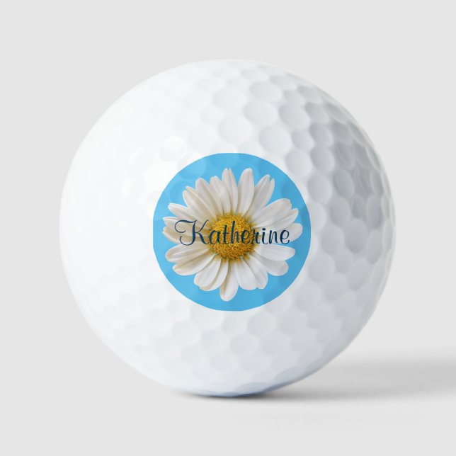 White Daisy Sky Blue Background Custom Name Golf Balls (Front)