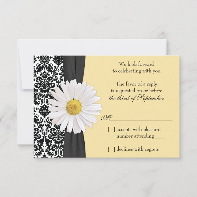 White Daisy Vintage Damask Wedding RSVP Reply Card (Front)
