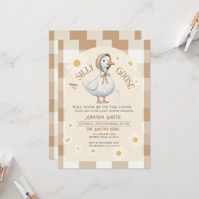 White Daisy Watercolor Goose Baby Shower  Invitation (Front/Back In Situ)