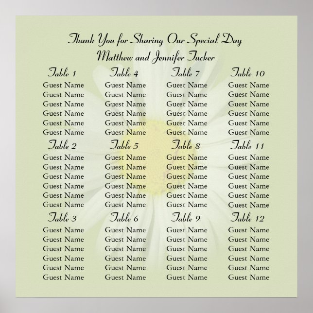 White Daisy Wedding Reception Seating Chart Poster (Front)