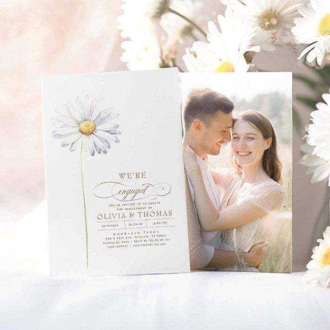 White Daisy Wildflowers Engagement Party Photo Invitation (We're Engaged - Wildflowers Themed Engagement Party Photo Invitations)