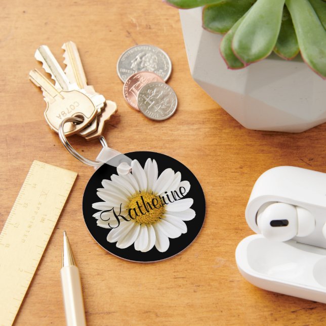 White Daisy with Custom Name Black Key Ring (Desk)