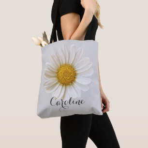 White Daisy with Custom Name Light Grey Tote Bag