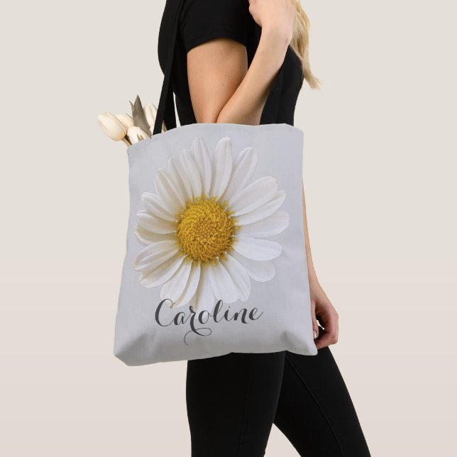 White Daisy with Custom Name Light Grey Tote Bag (Close Up)