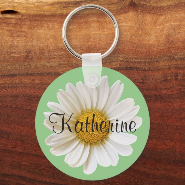 White Daisy with Custom Name Sage Green Key Ring (Front)