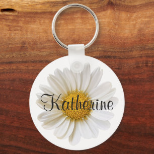 White Daisy with Custom Name White Key Ring
