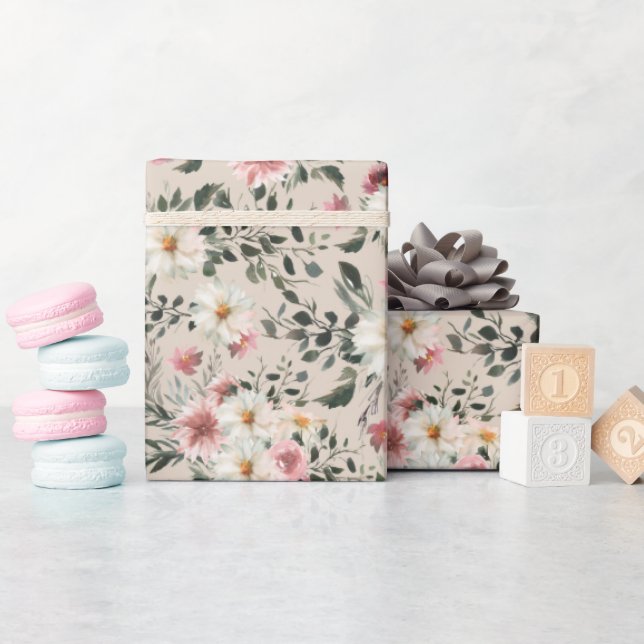 White Daisy with Mauve Garden Print Wrapping Paper (Baby Shower)