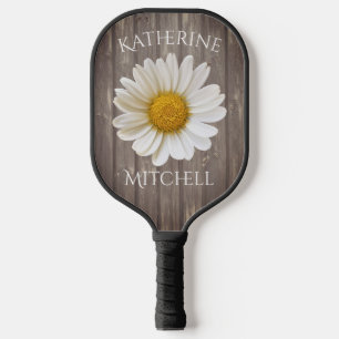 White Daisy Worn Old Wood Name Pickleball Paddle