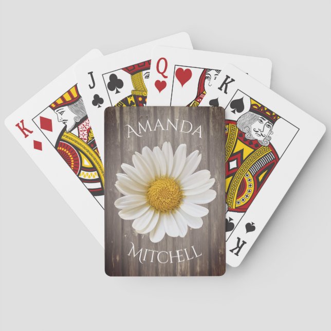 White Daisy Worn Wood Name Playing Cards (Back)